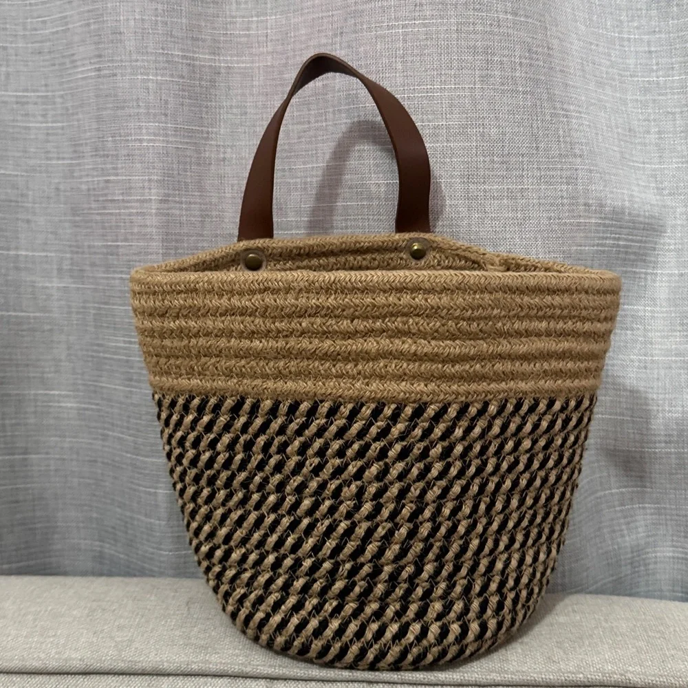 Woven Natural Fiber Coil Style Basket-Brown Faux Leather Hanging Loop-EUC